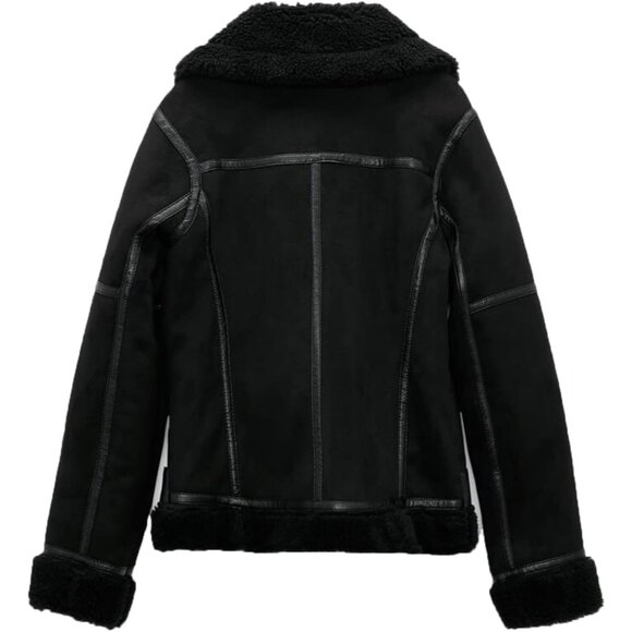 Women Black Faux Shearling Moto Jacket Thick Lined Winter Leather Coat - Picture 2 of 6